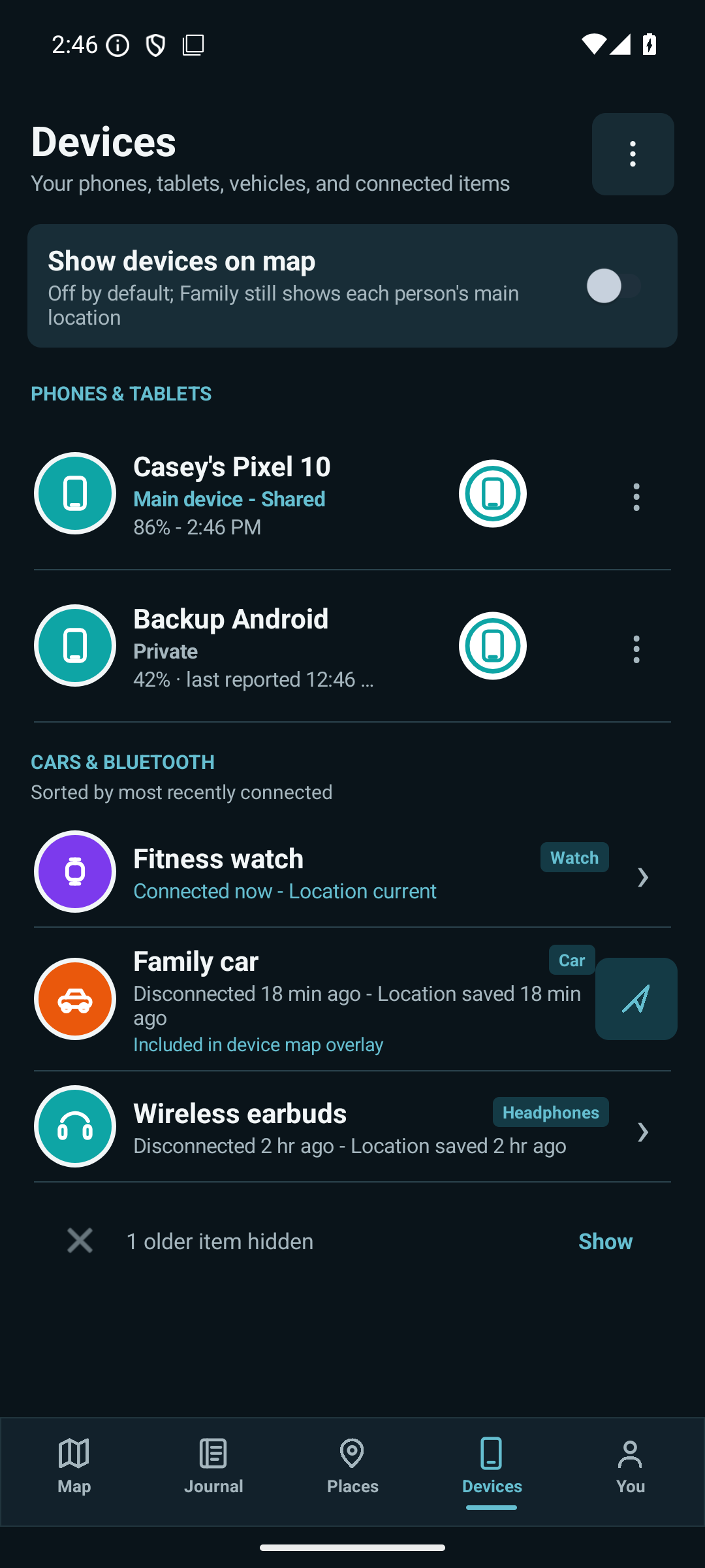 Circle Next Devices with synthetic phones, privacy state, freshness, and connected items