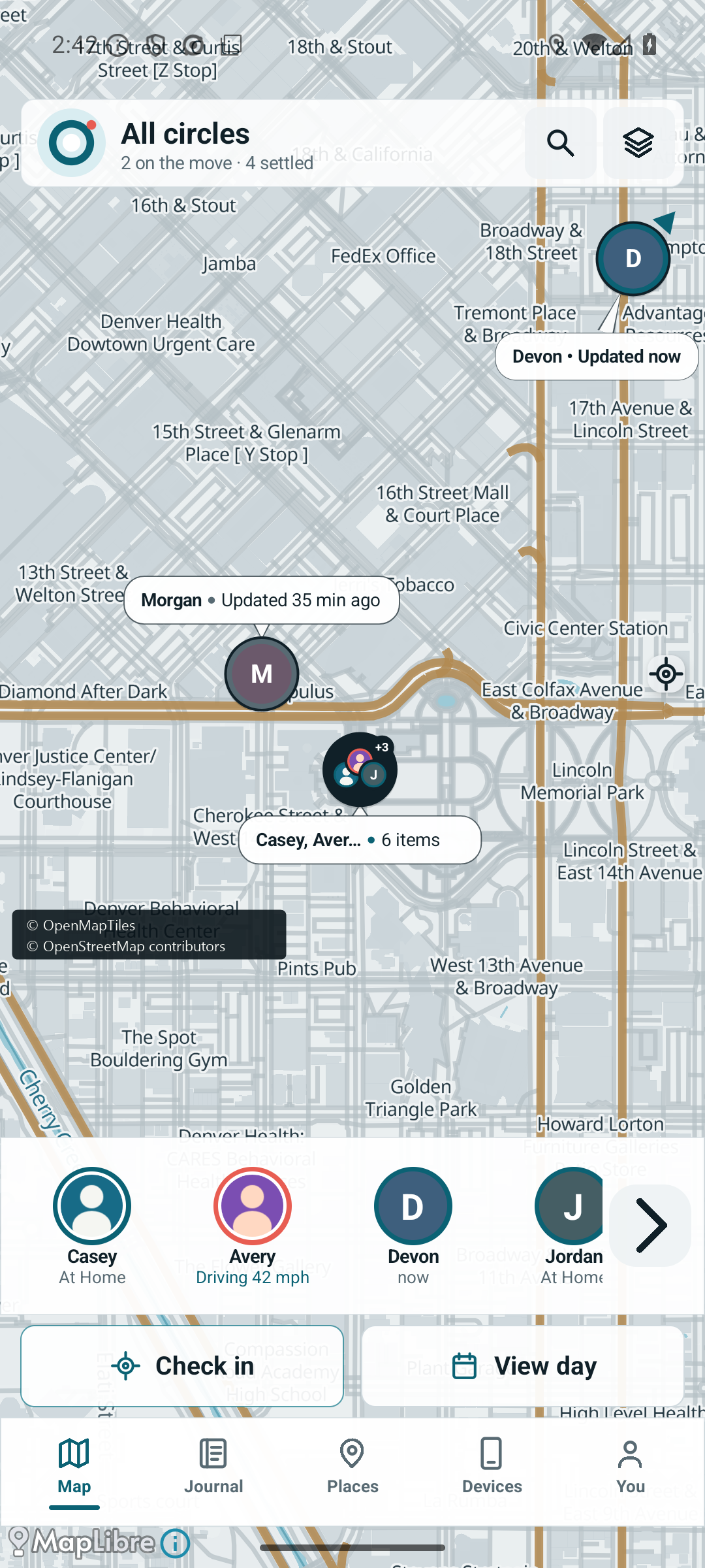 Circle Next live map with synthetic people, readable labels, a nearby group, and the people rail