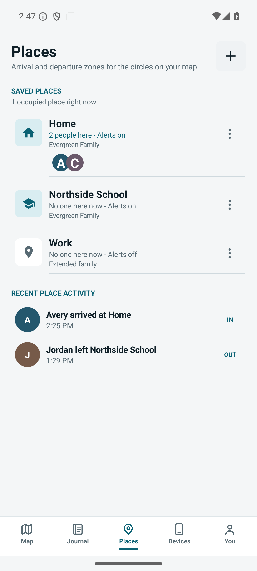Circle Next Places with synthetic saved places and recent arrival activity
